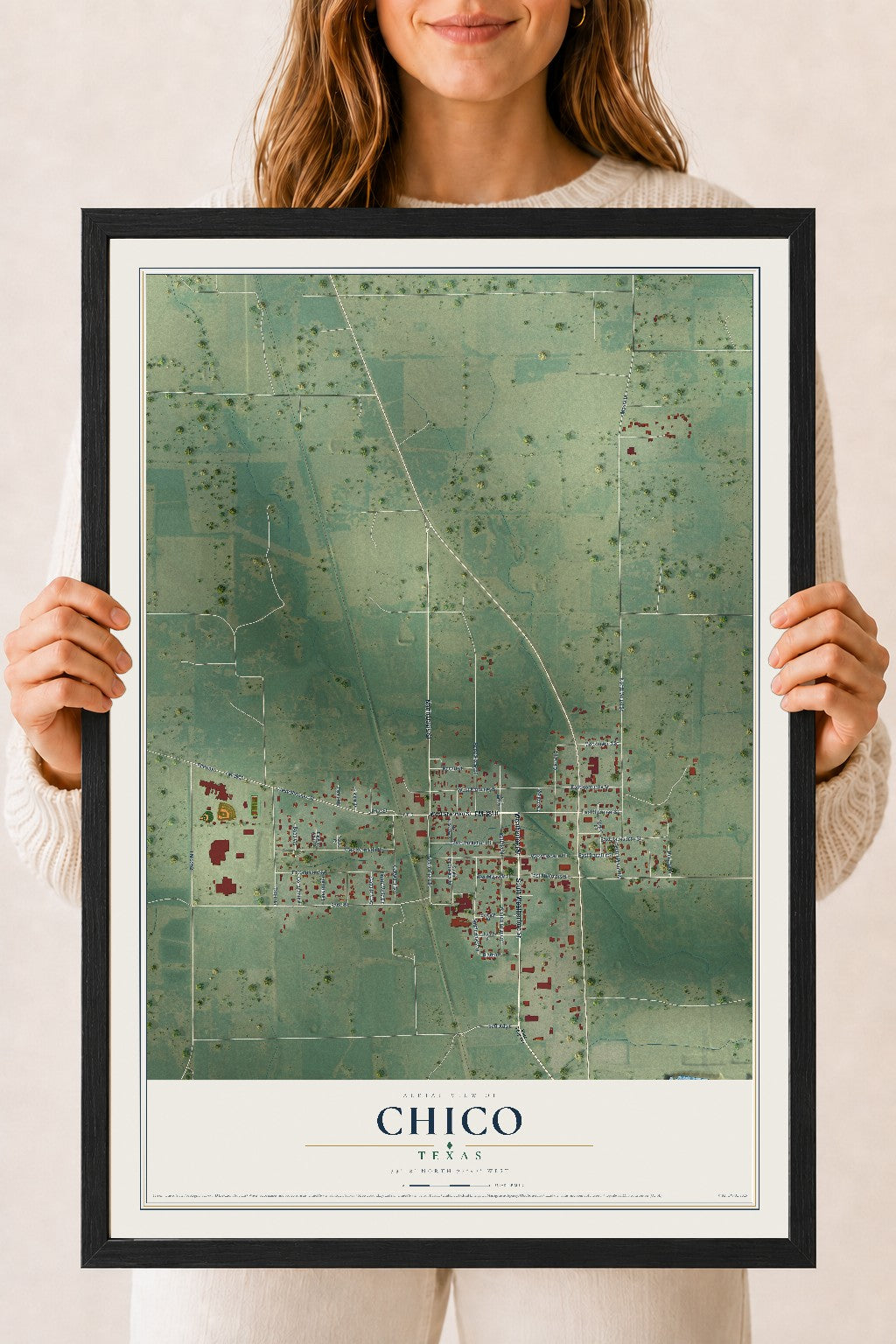 Map of Chico, Texas, 18 x 24 inch print in a black wood frame