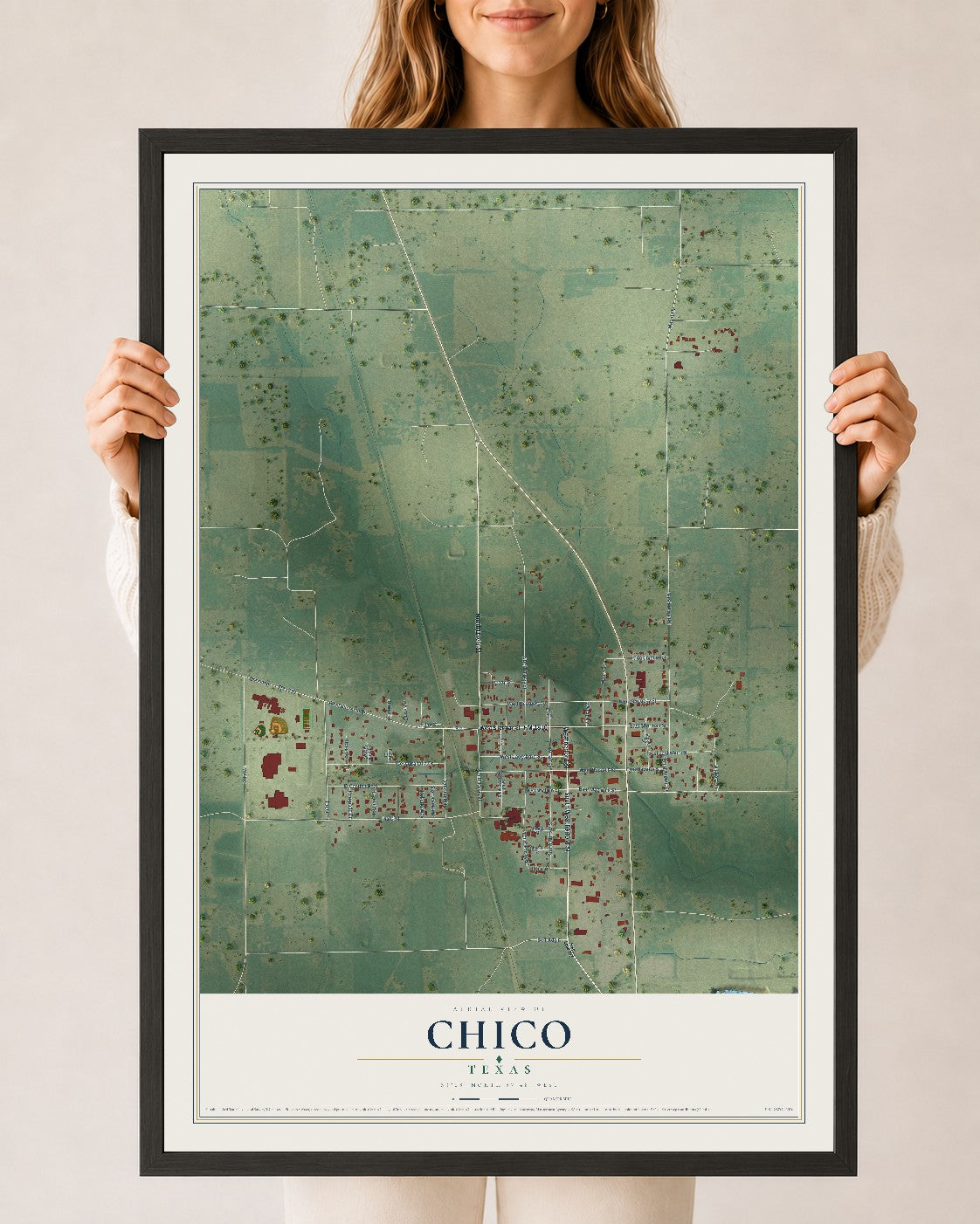 Map of Chico, Texas, 24 x 36 inch print in a black wood frame