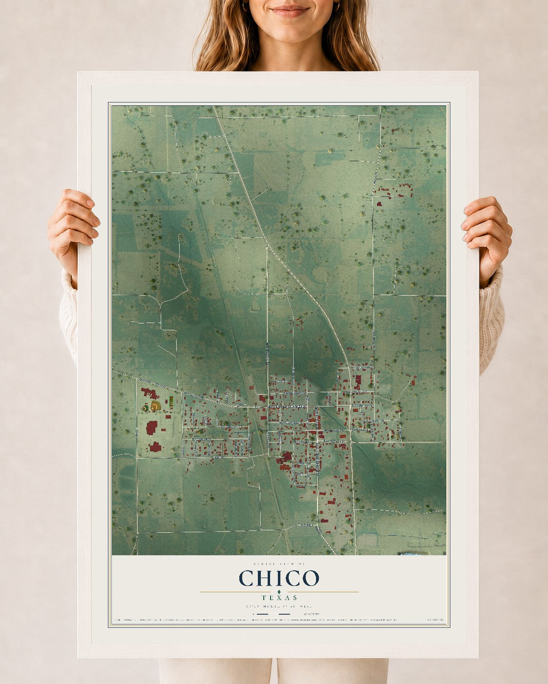 Map of Chico, Texas, 24 x 36 inch print in a white wood frame