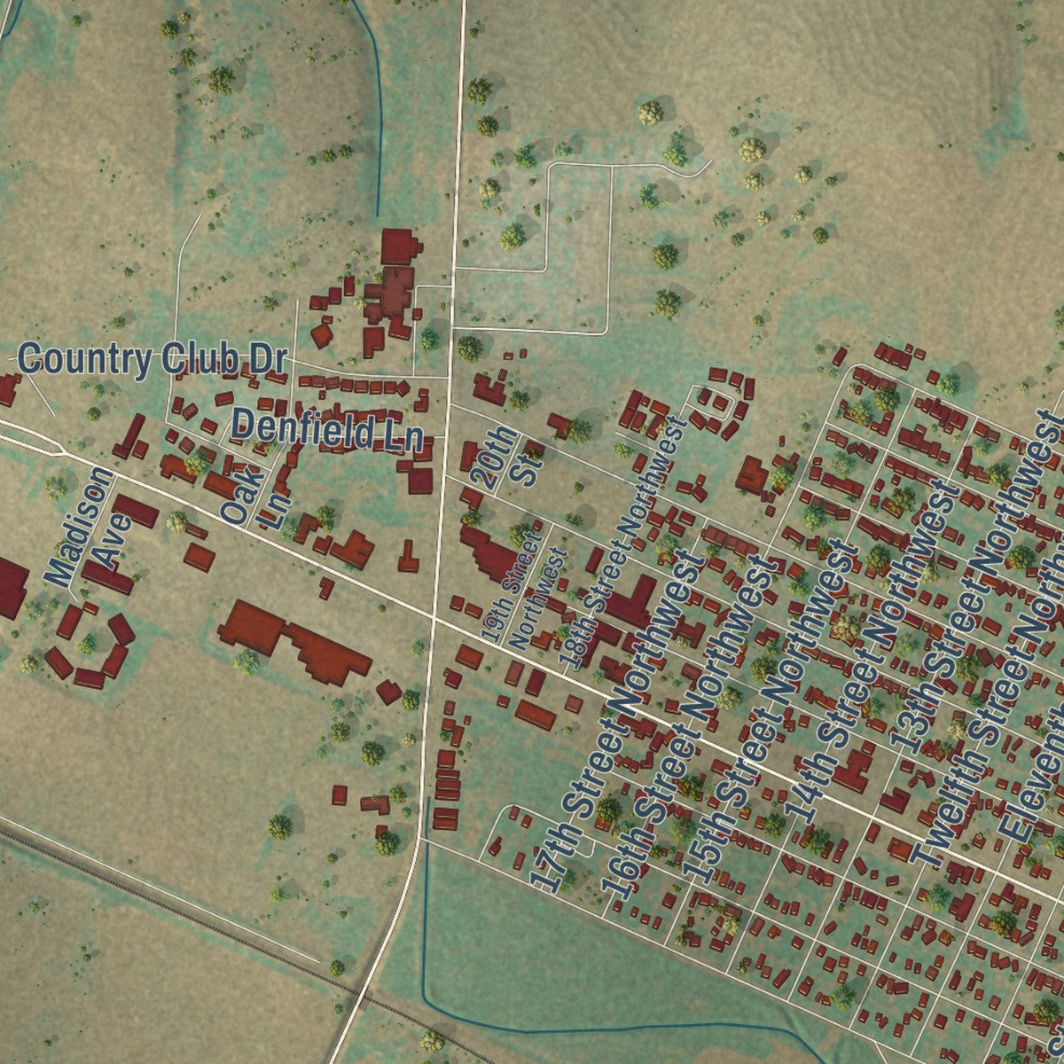 Close-up of the map of Childress, Texas print showing street and building detail