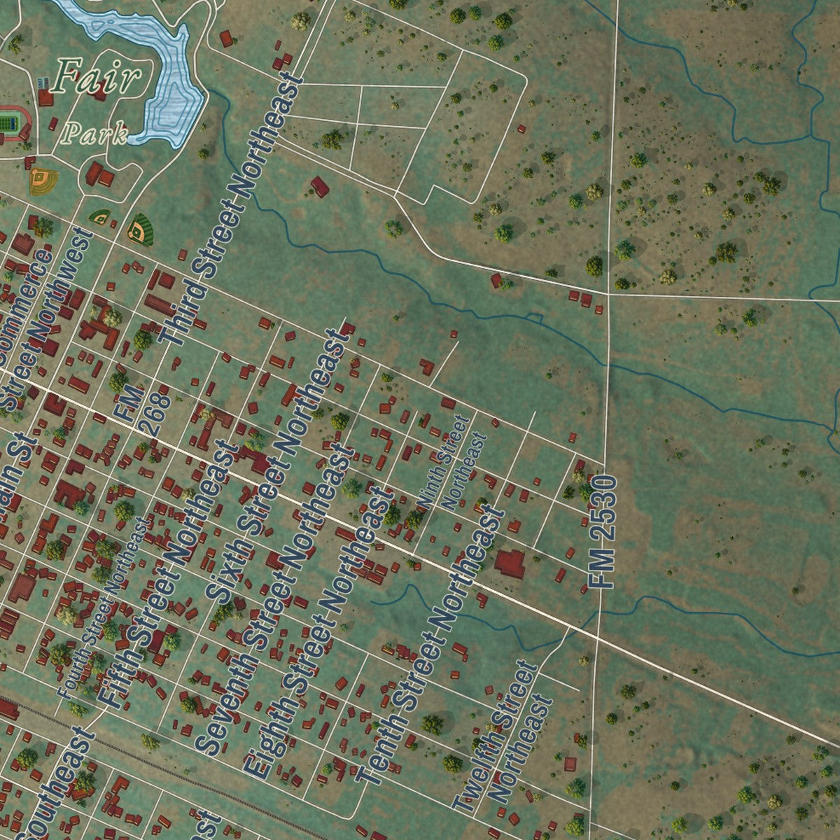 Second close-up of the map of Childress, Texas print showing more streets and buildings