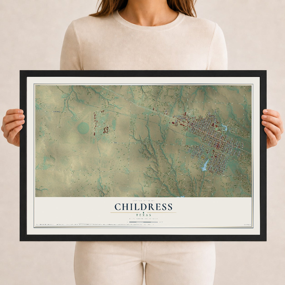 Map of Childress, Texas, 12 x 18 inch print in a black wood frame