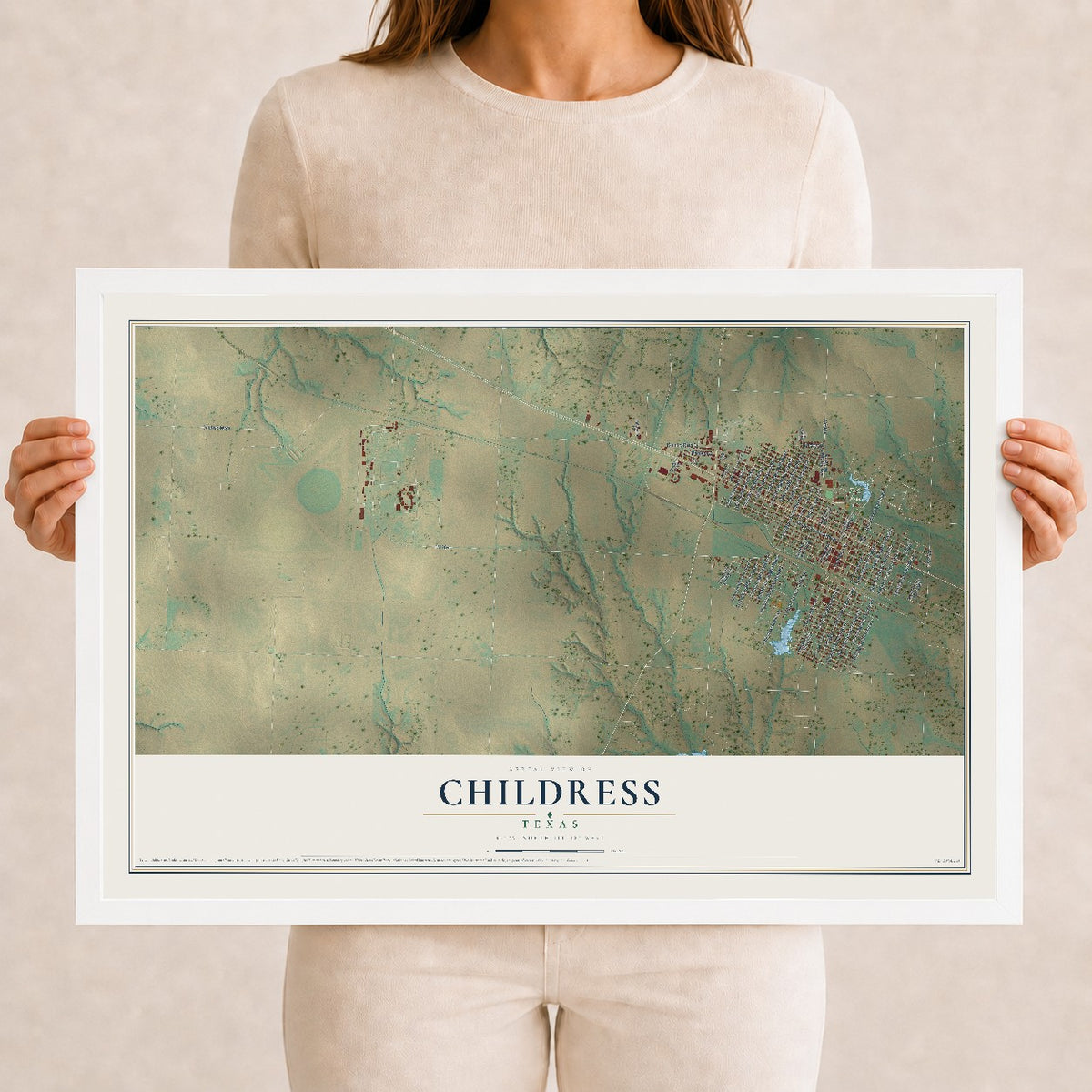 Map of Childress, Texas, 12 x 18 inch print in a white wood frame