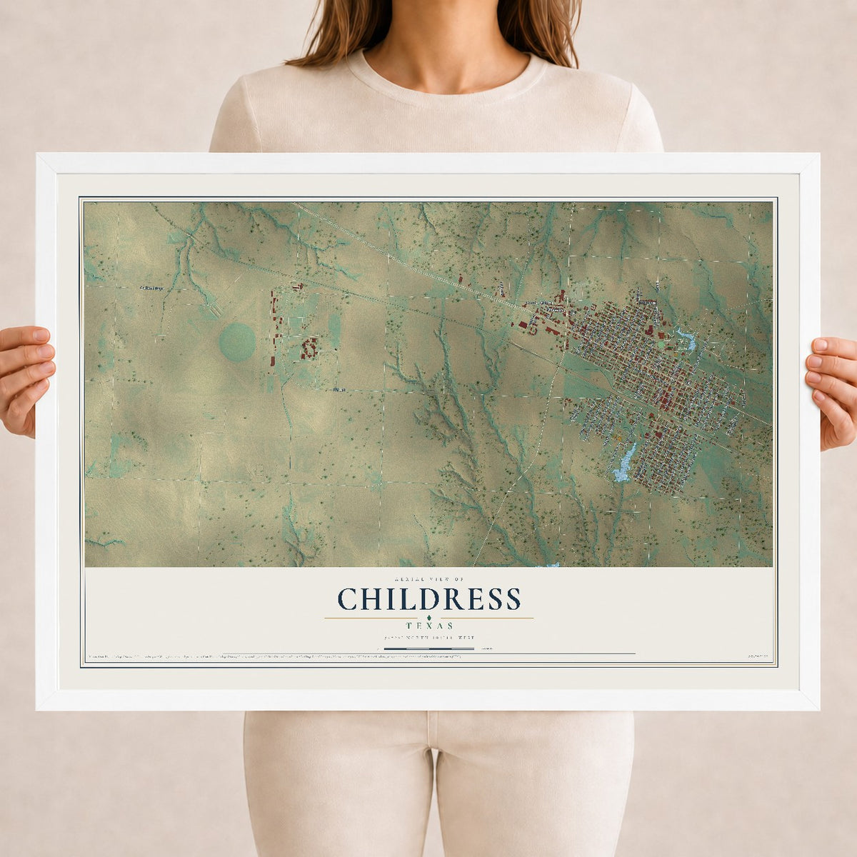 Map of Childress, Texas, 18 x 24 inch print in a white wood frame