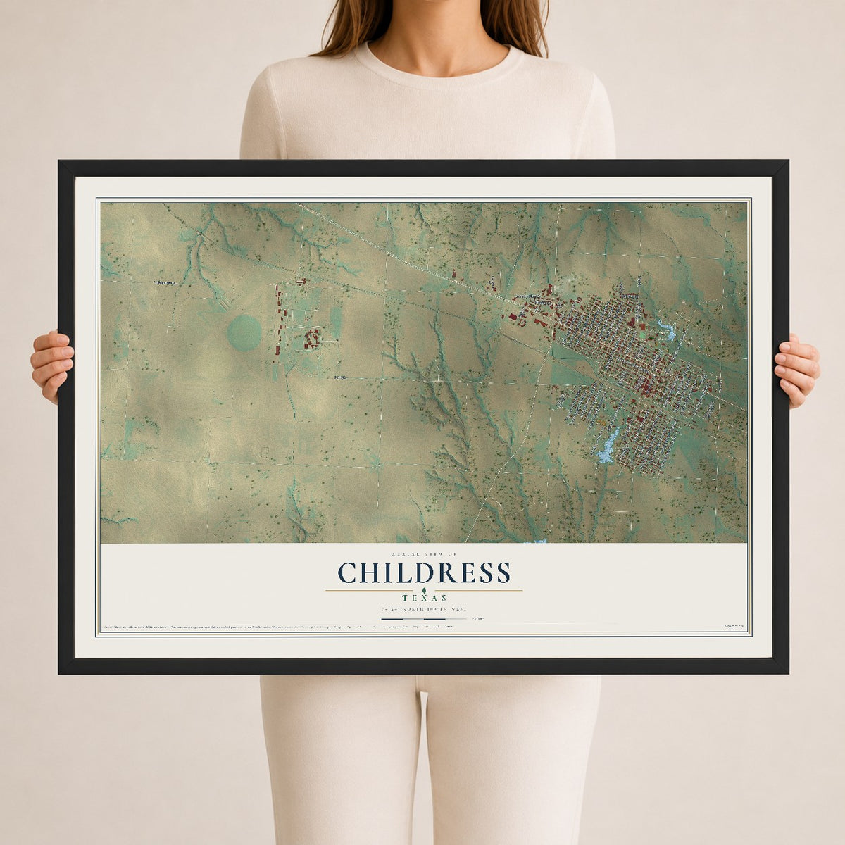 Map of Childress, Texas, 24 x 36 inch print in a black wood frame
