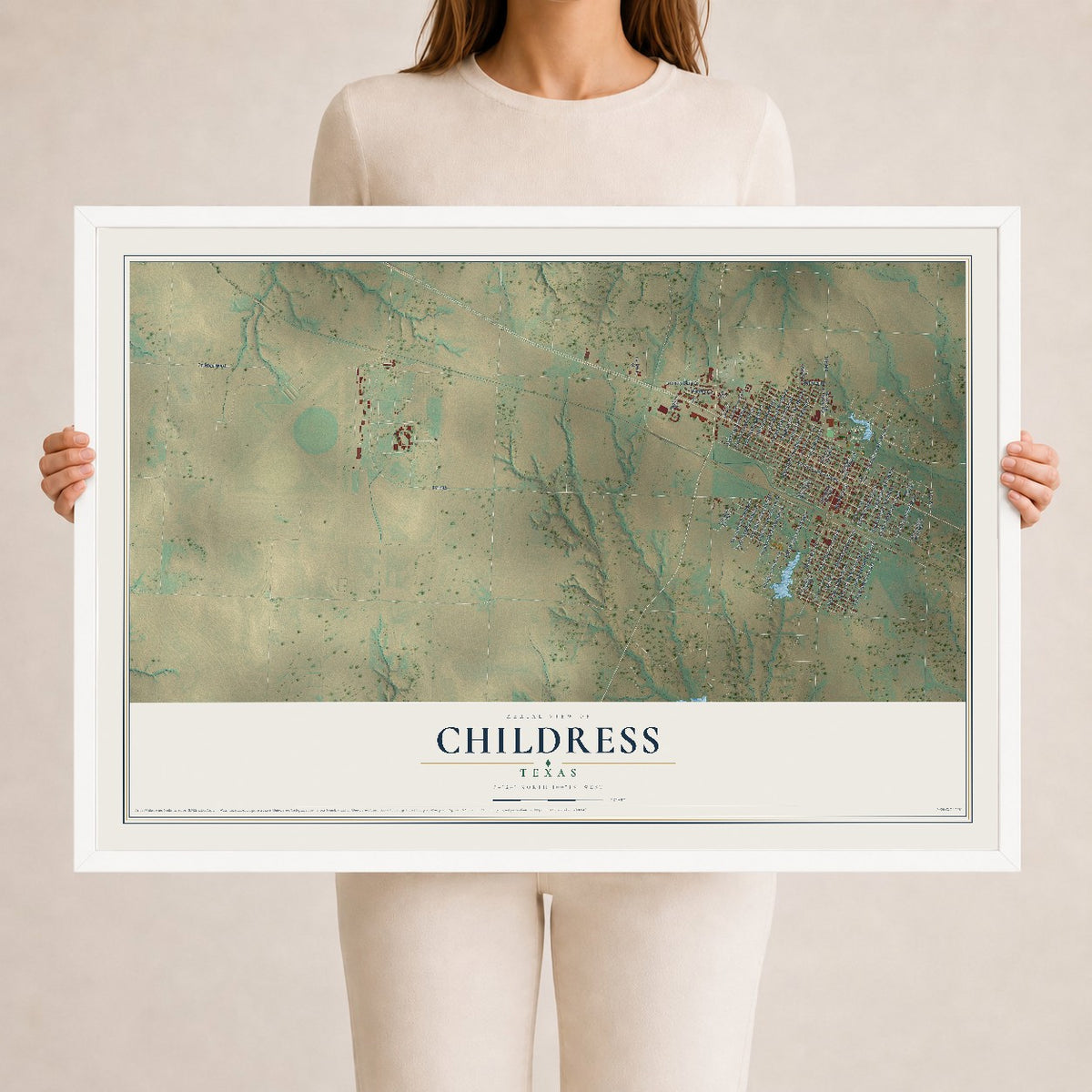 Map of Childress, Texas, 24 x 36 inch print in a white wood frame