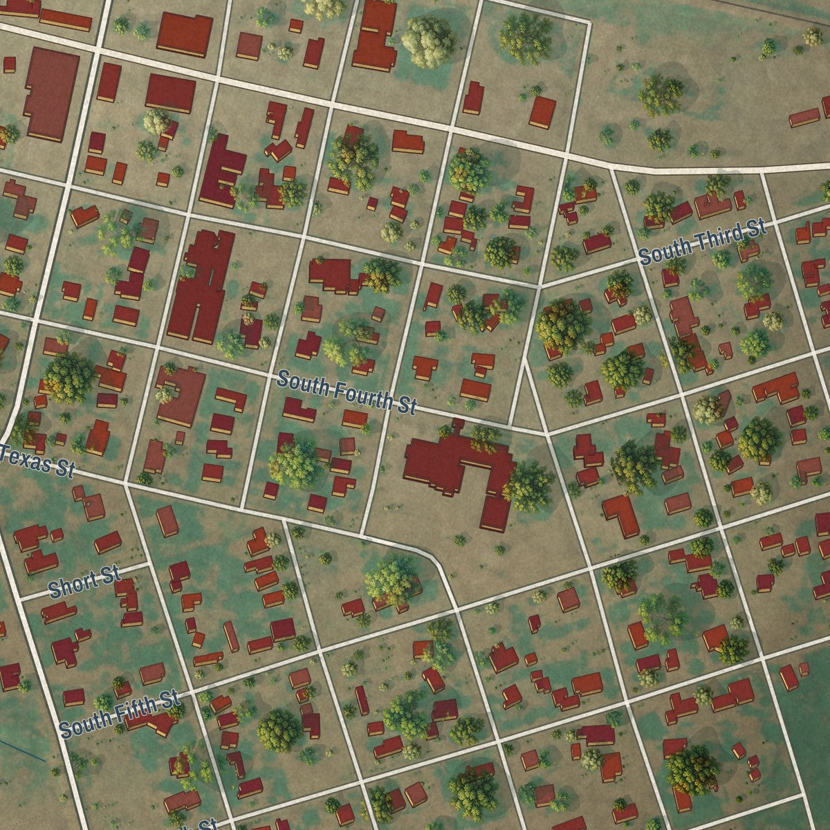 Close-up of the map of Chillicothe, Texas print showing street and building detail