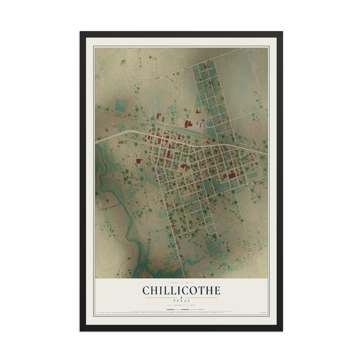 Map of Chillicothe, Texas, 12 x 18 inch print in a black wood frame