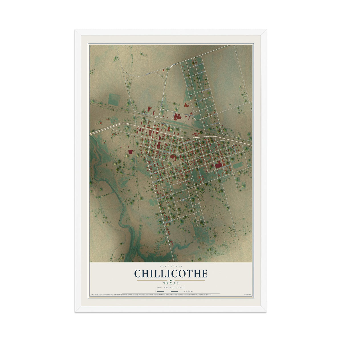 Map of Chillicothe, Texas, 12 x 18 inch print in a white wood frame