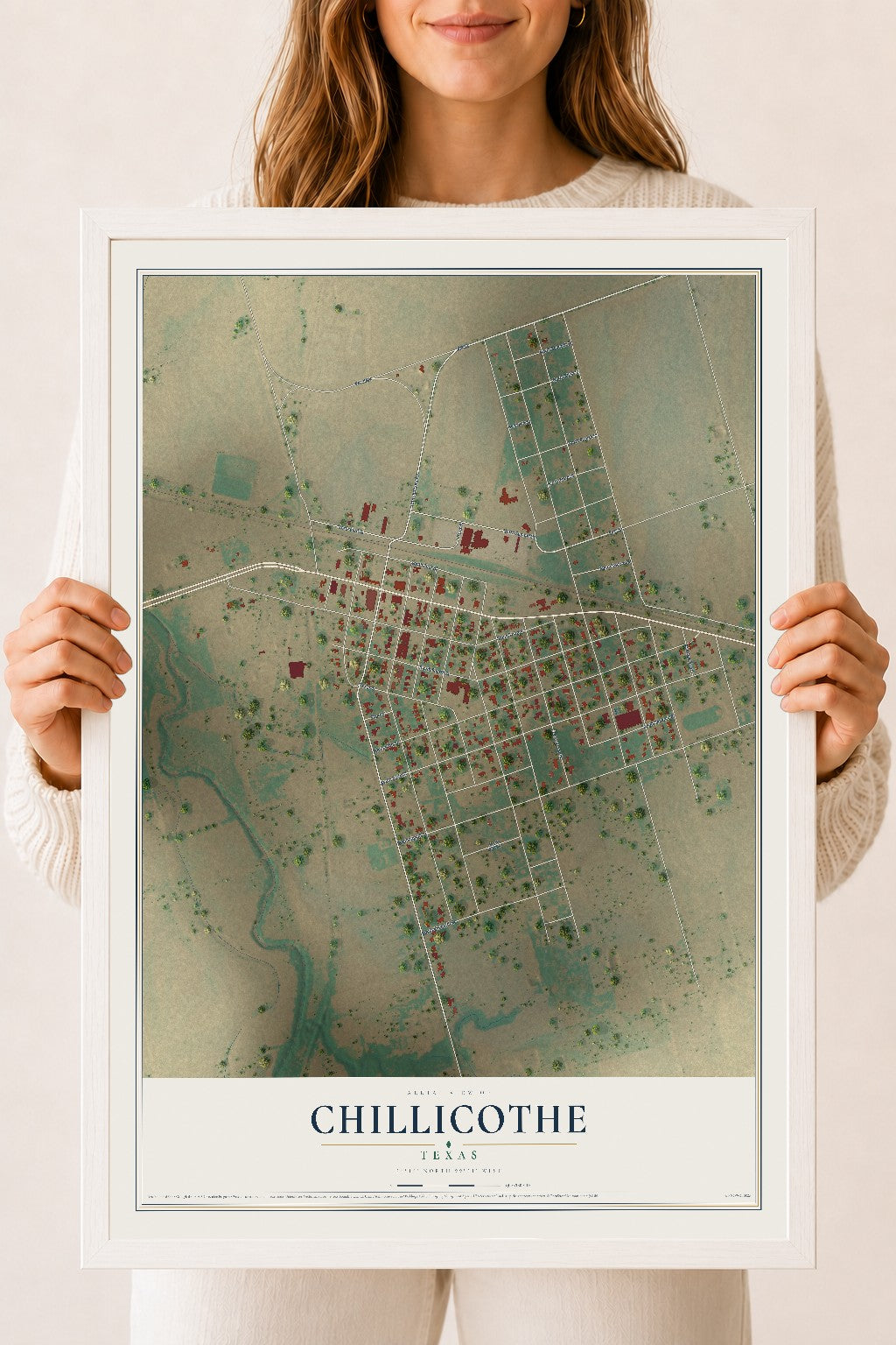 Map of Chillicothe, Texas, 18 x 24 inch print in a white wood frame