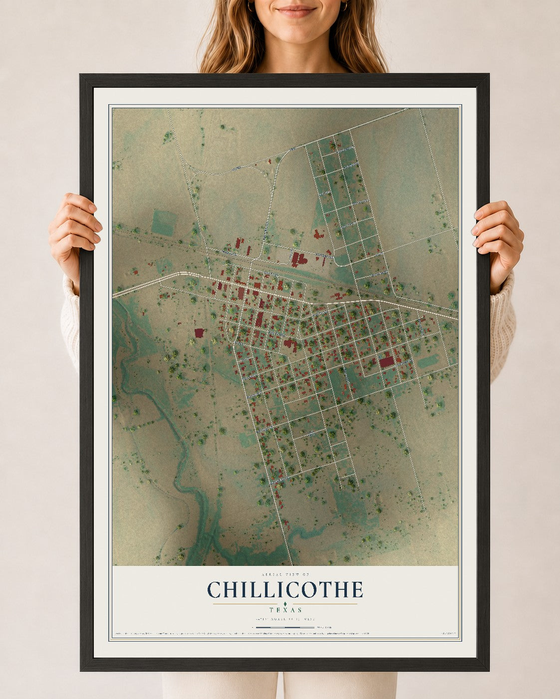 Map of Chillicothe, Texas, 24 x 36 inch print in a black wood frame