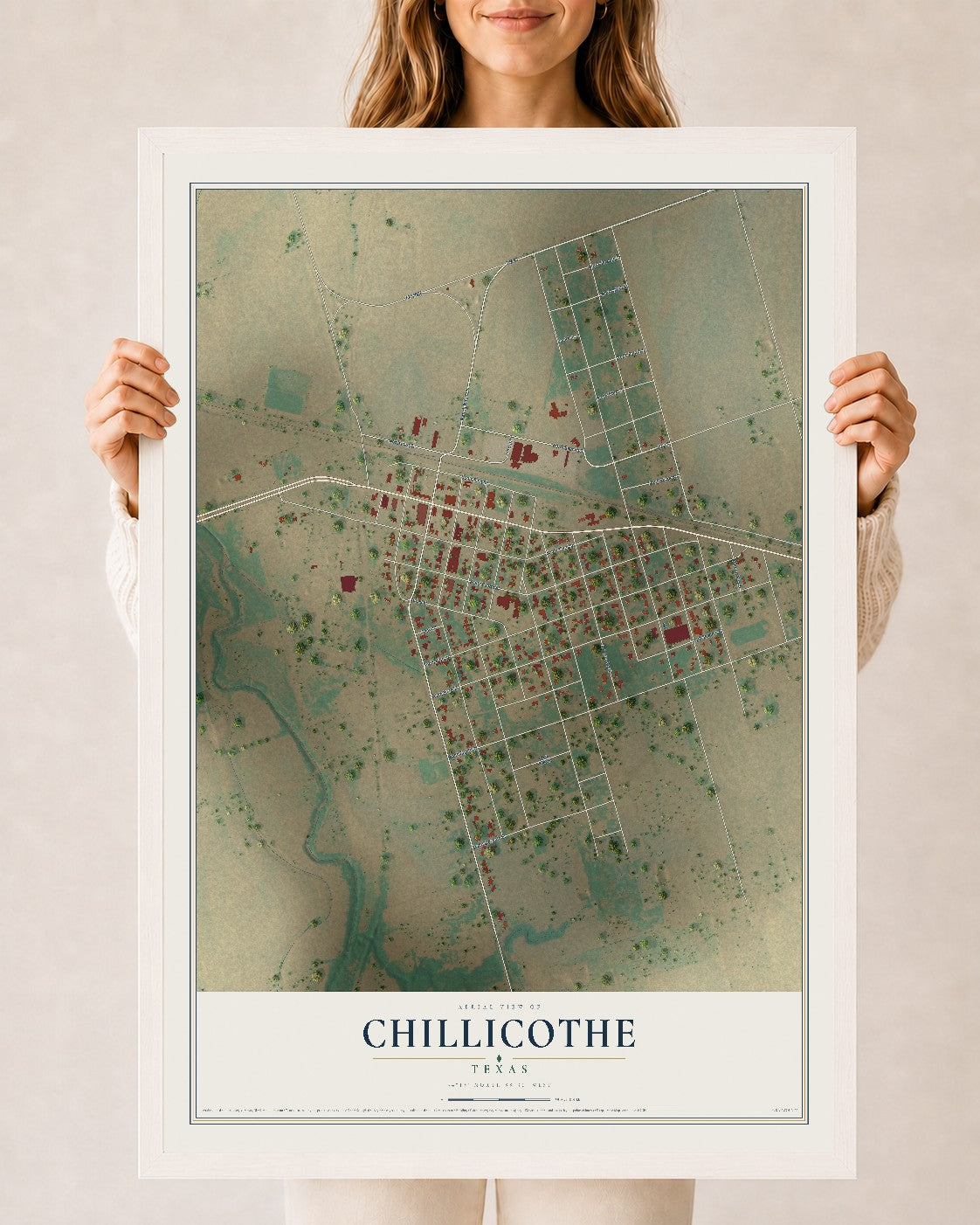 Map of Chillicothe, Texas, 24 x 36 inch print in a white wood frame