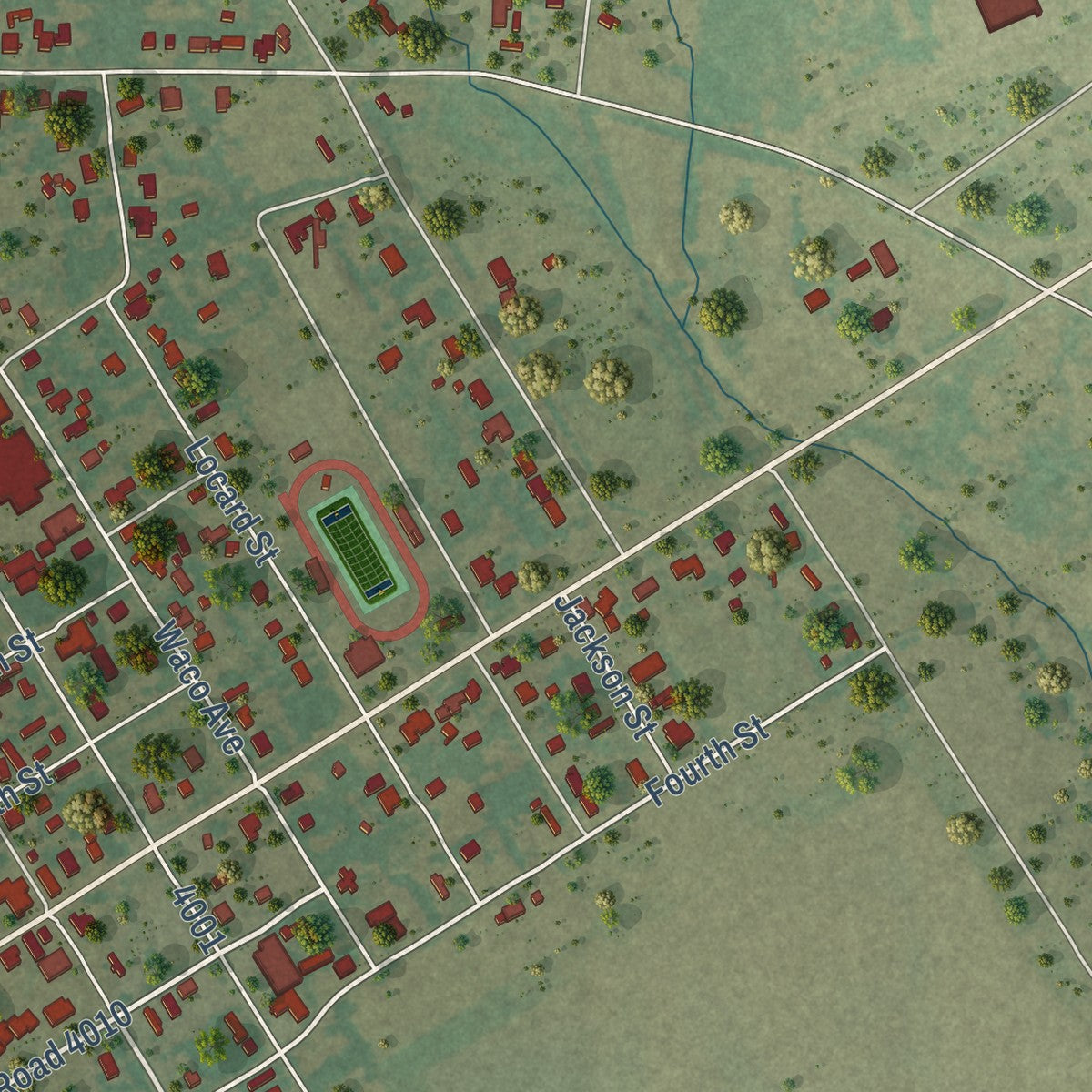 Close-up of the map of Chilton, Texas print showing street and building detail