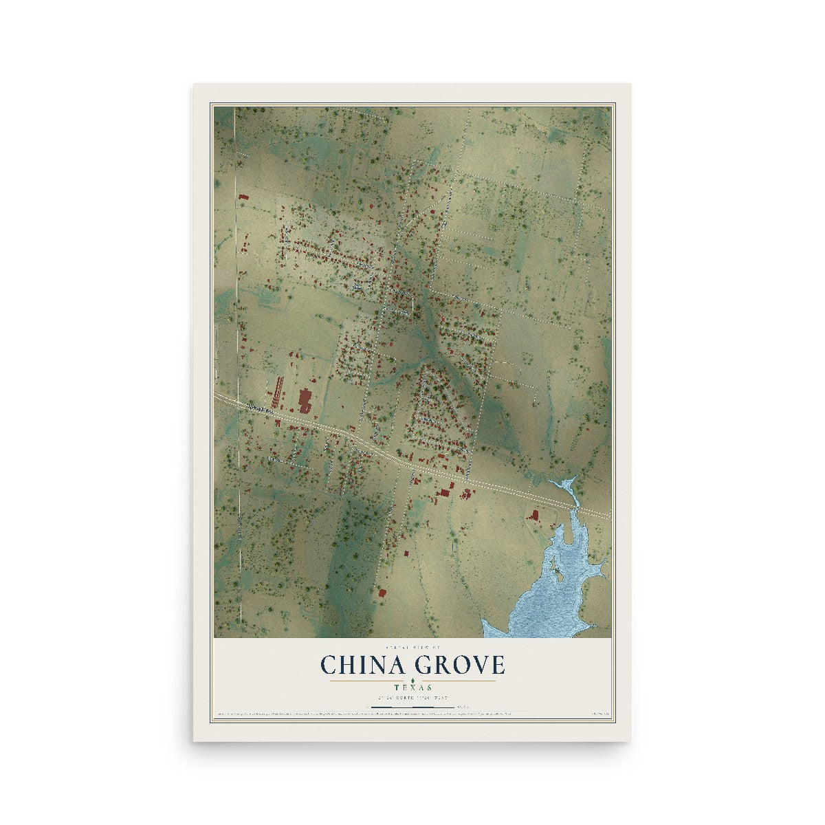 Map of China Grove, Texas, 12 x 18 inch unframed archival matte print