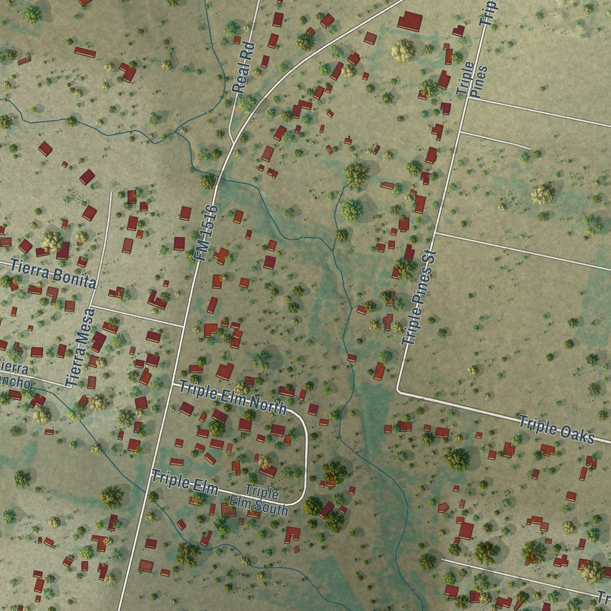 Close-up of the map of China Grove, Texas print showing street and building detail