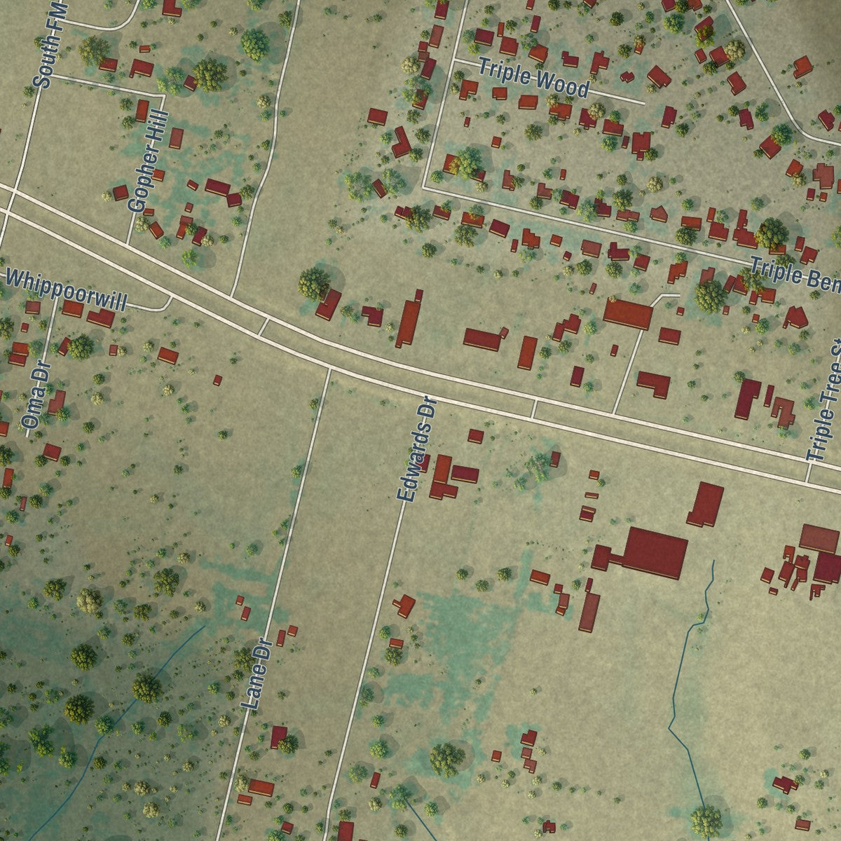 Second close-up of the map of China Grove, Texas print showing more streets and buildings