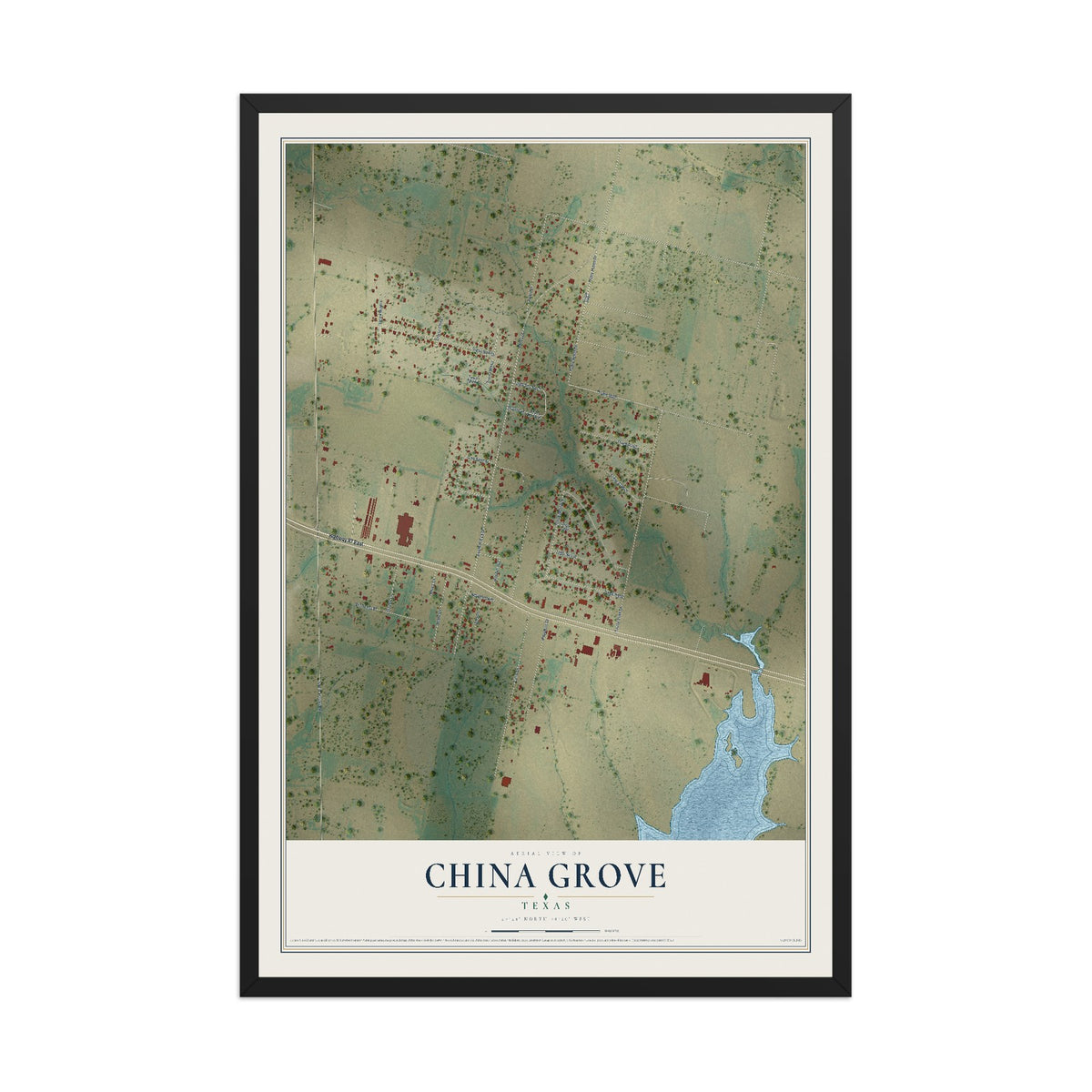 Map of China Grove, Texas, 12 x 18 inch print in a black wood frame
