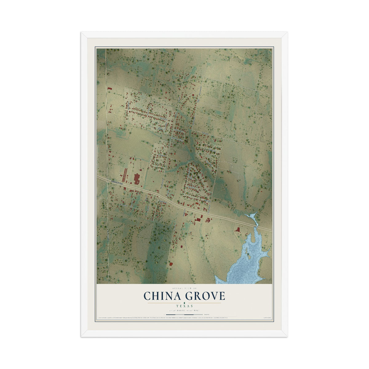 Map of China Grove, Texas, 12 x 18 inch print in a white wood frame