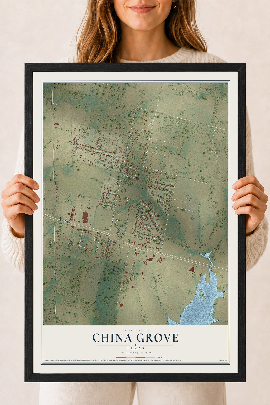 Map of China Grove, Texas, 18 x 24 inch print in a black wood frame