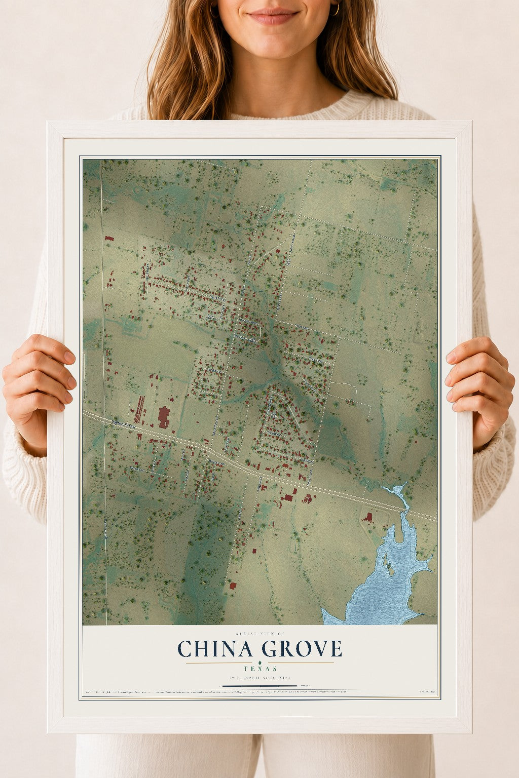 Map of China Grove, Texas, 18 x 24 inch print in a white wood frame