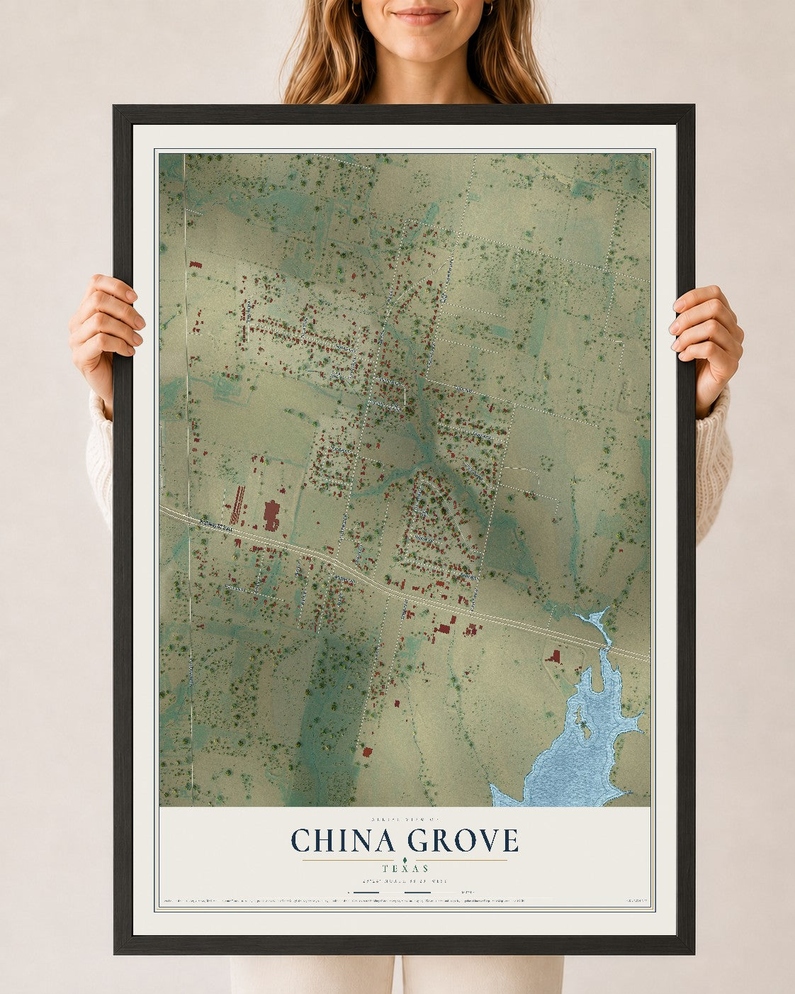 Map of China Grove, Texas, 24 x 36 inch print in a black wood frame