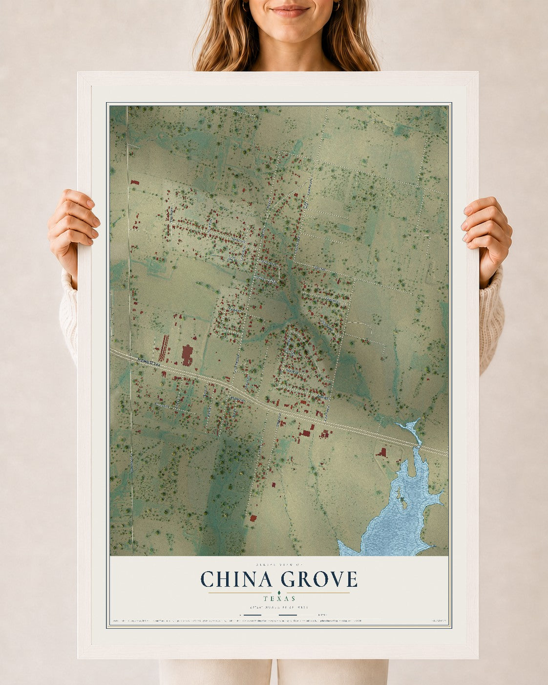 Map of China Grove, Texas, 24 x 36 inch print in a white wood frame