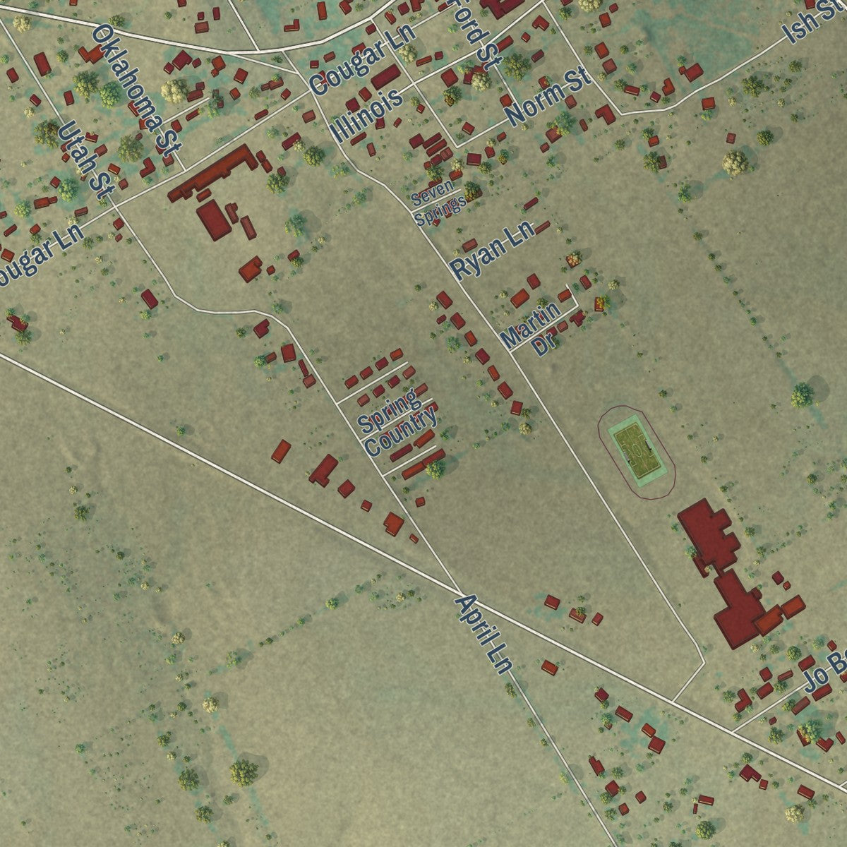 Close-up of the map of China Spring, Texas print showing street and building detail