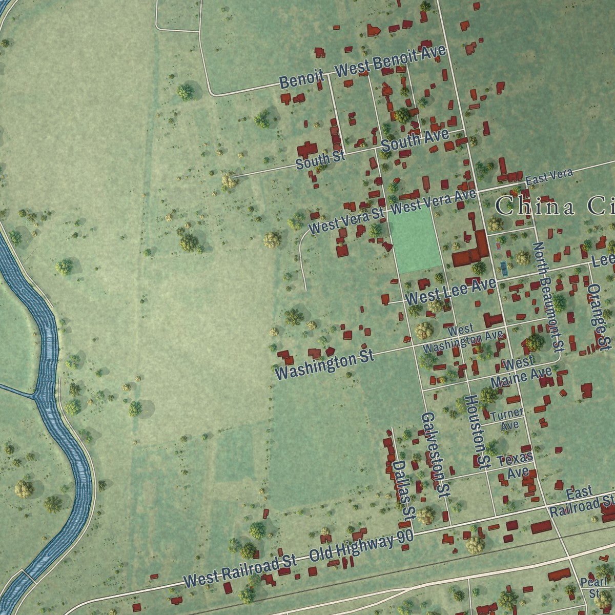 Close-up of the map of China, Texas print showing street and building detail