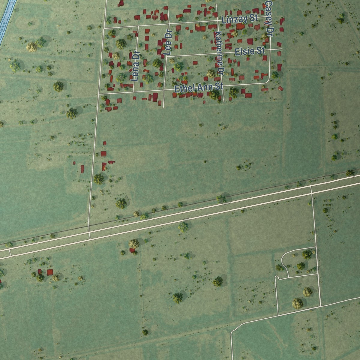 Second close-up of the map of China, Texas print showing more streets and buildings