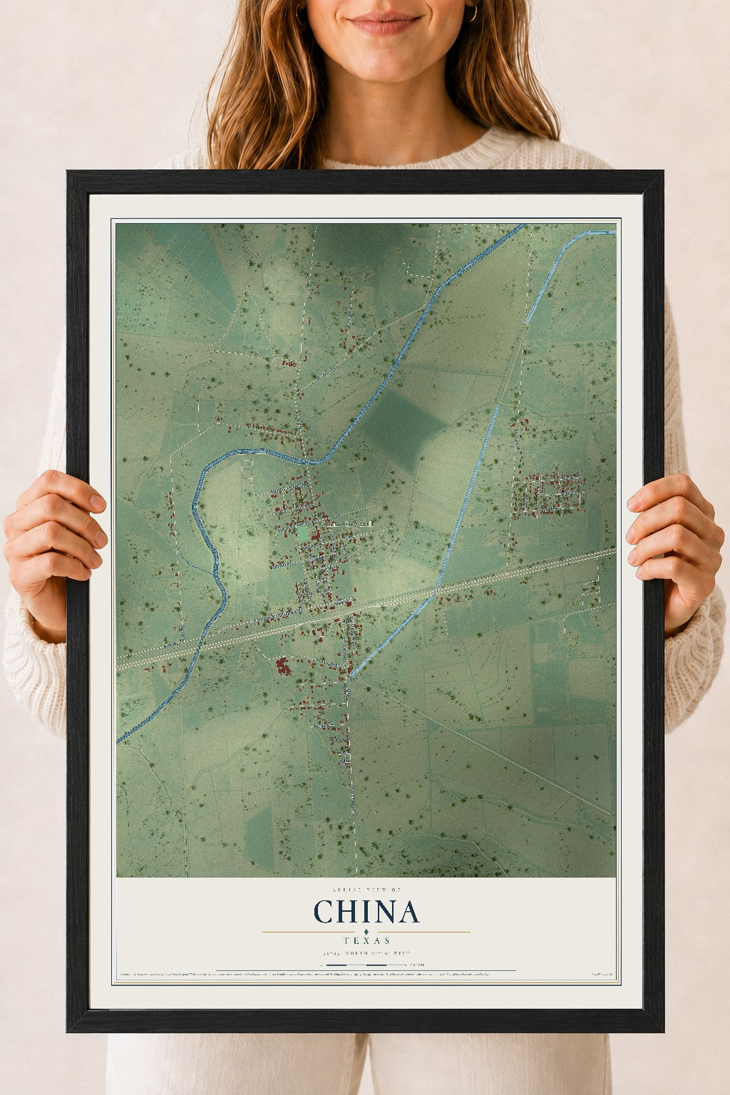 Map of China, Texas, 18 x 24 inch print in a black wood frame