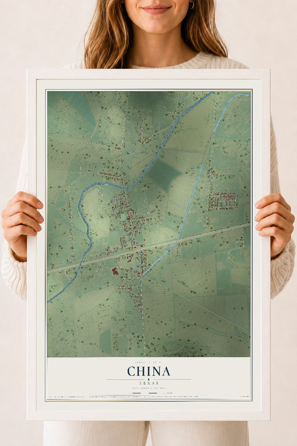 Map of China, Texas, 18 x 24 inch print in a white wood frame