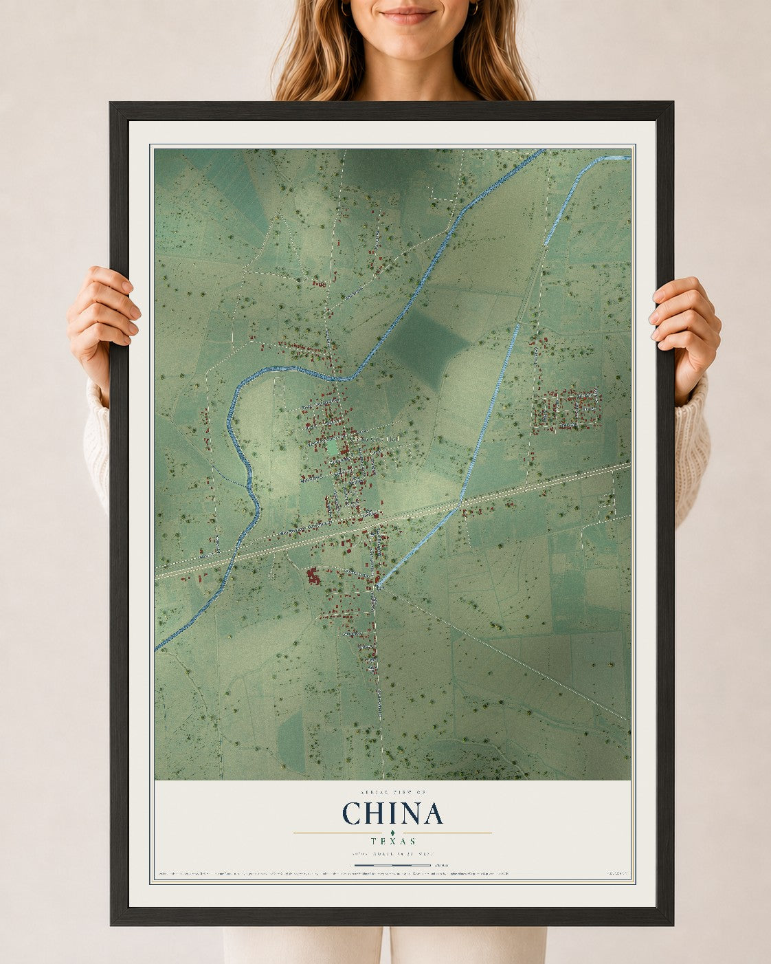 Map of China, Texas, 24 x 36 inch print in a black wood frame