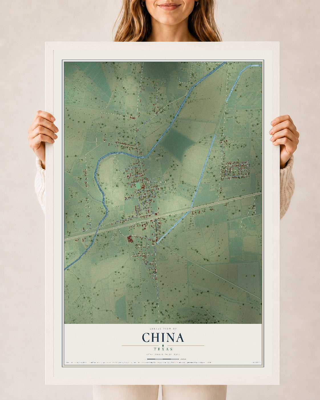 Map of China, Texas, 24 x 36 inch print in a white wood frame