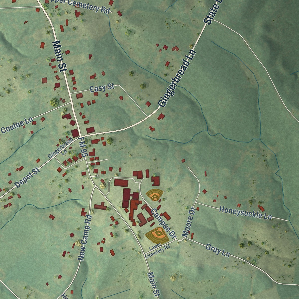 Close-up of the map of Chireno, Texas print showing street and building detail