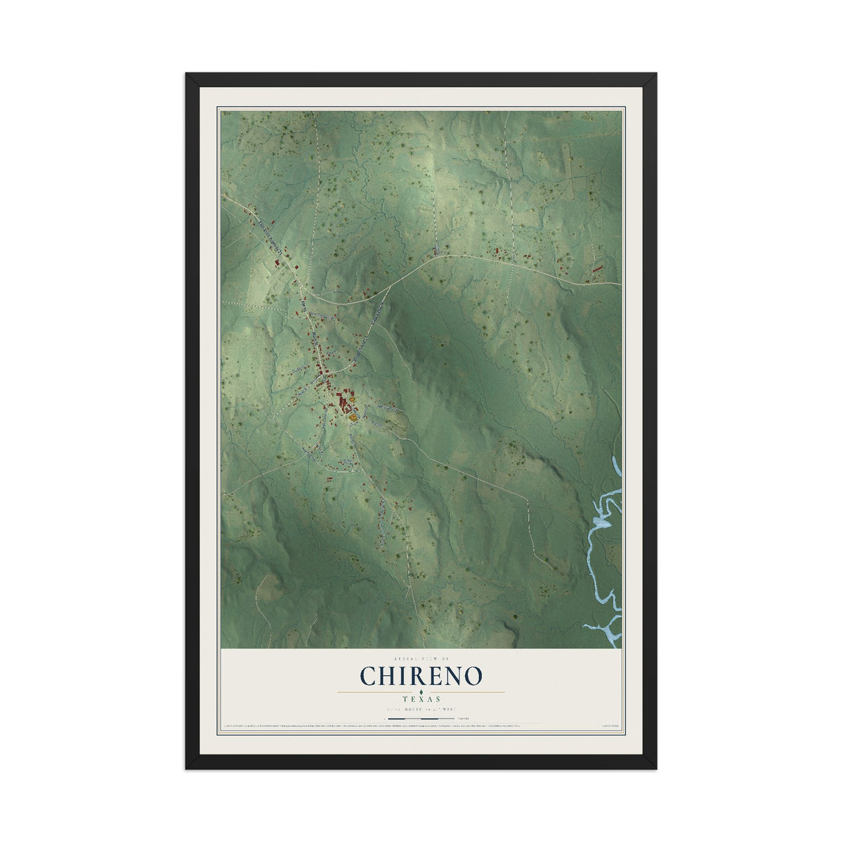 Map of Chireno, Texas, 12 x 18 inch print in a black wood frame