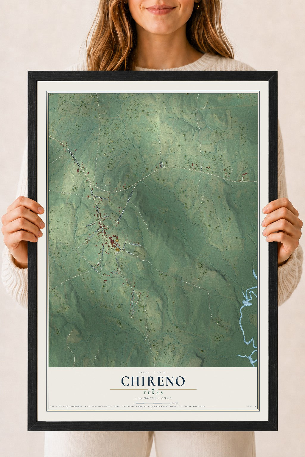 Map of Chireno, Texas, 18 x 24 inch print in a black wood frame