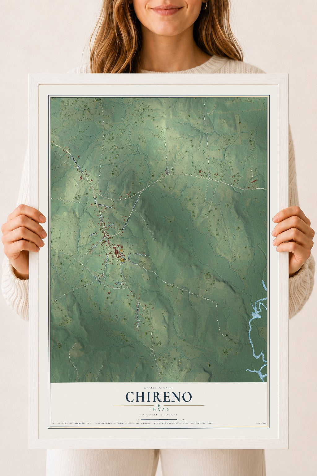 Map of Chireno, Texas, 18 x 24 inch print in a white wood frame