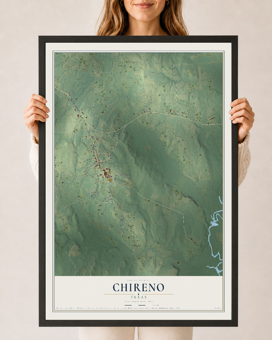 Map of Chireno, Texas, 24 x 36 inch print in a black wood frame
