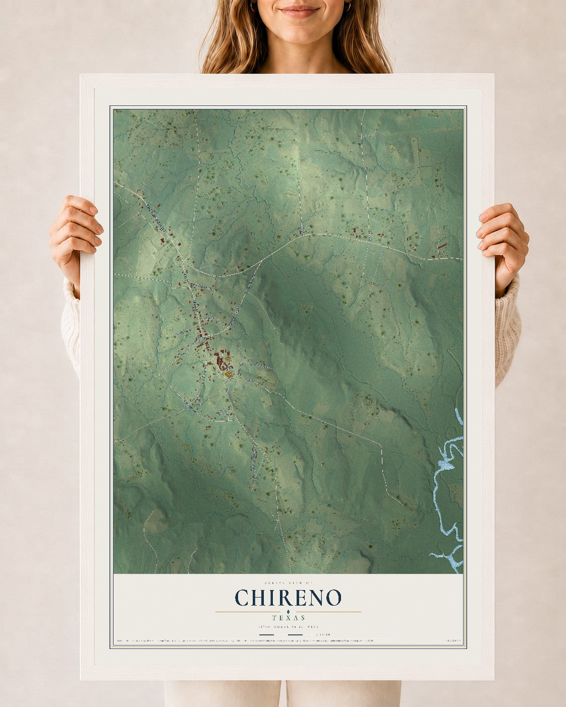 Map of Chireno, Texas, 24 x 36 inch print in a white wood frame
