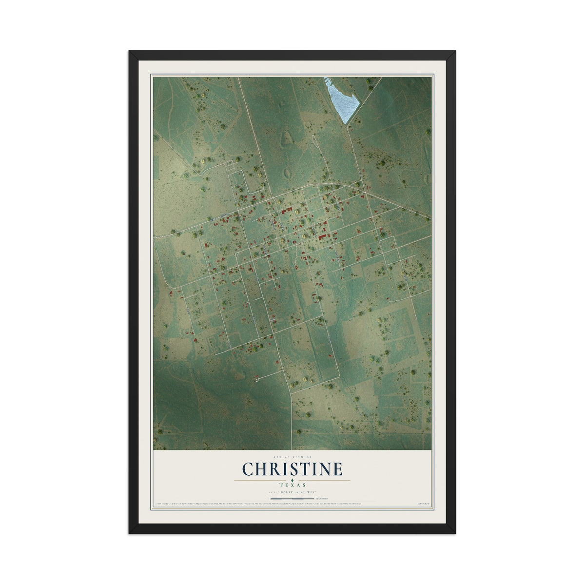 Map of Christine, Texas, 12 x 18 inch print in a black wood frame