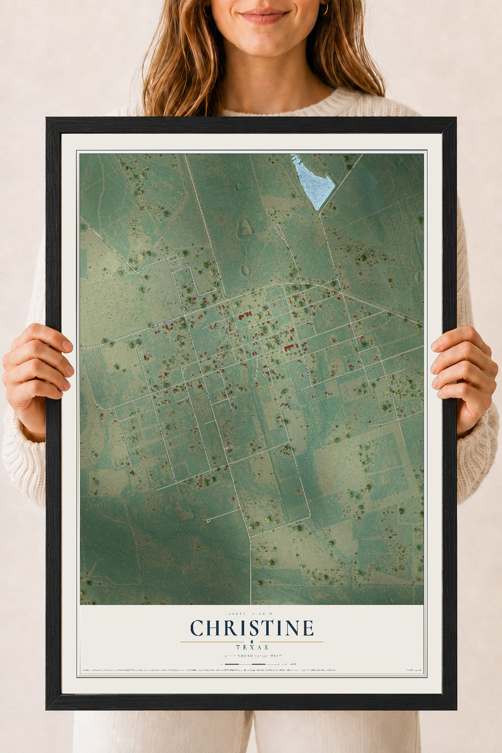 Map of Christine, Texas, 18 x 24 inch print in a black wood frame
