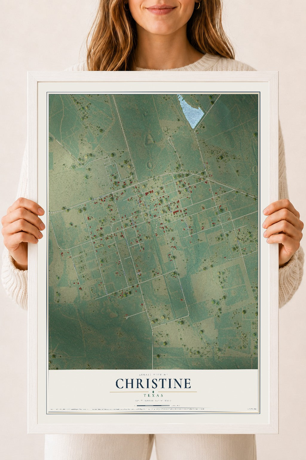 Map of Christine, Texas, 18 x 24 inch print in a white wood frame