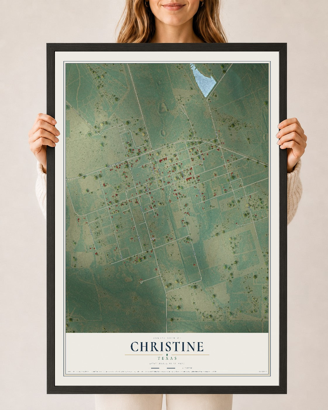 Map of Christine, Texas, 24 x 36 inch print in a black wood frame