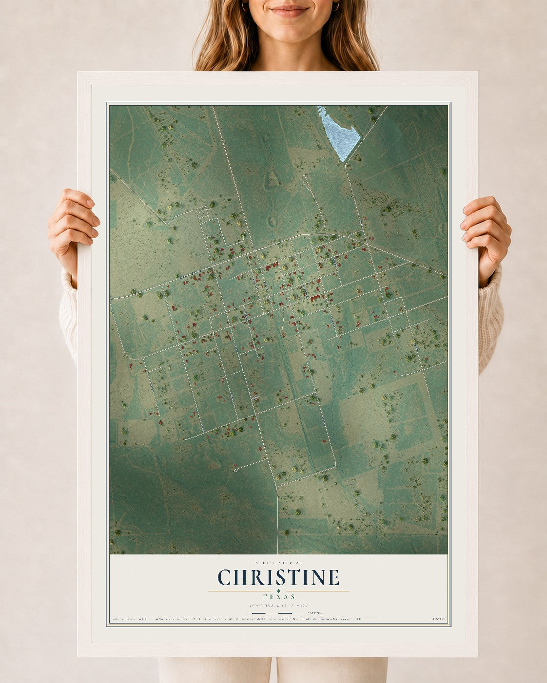 Map of Christine, Texas, 24 x 36 inch print in a white wood frame