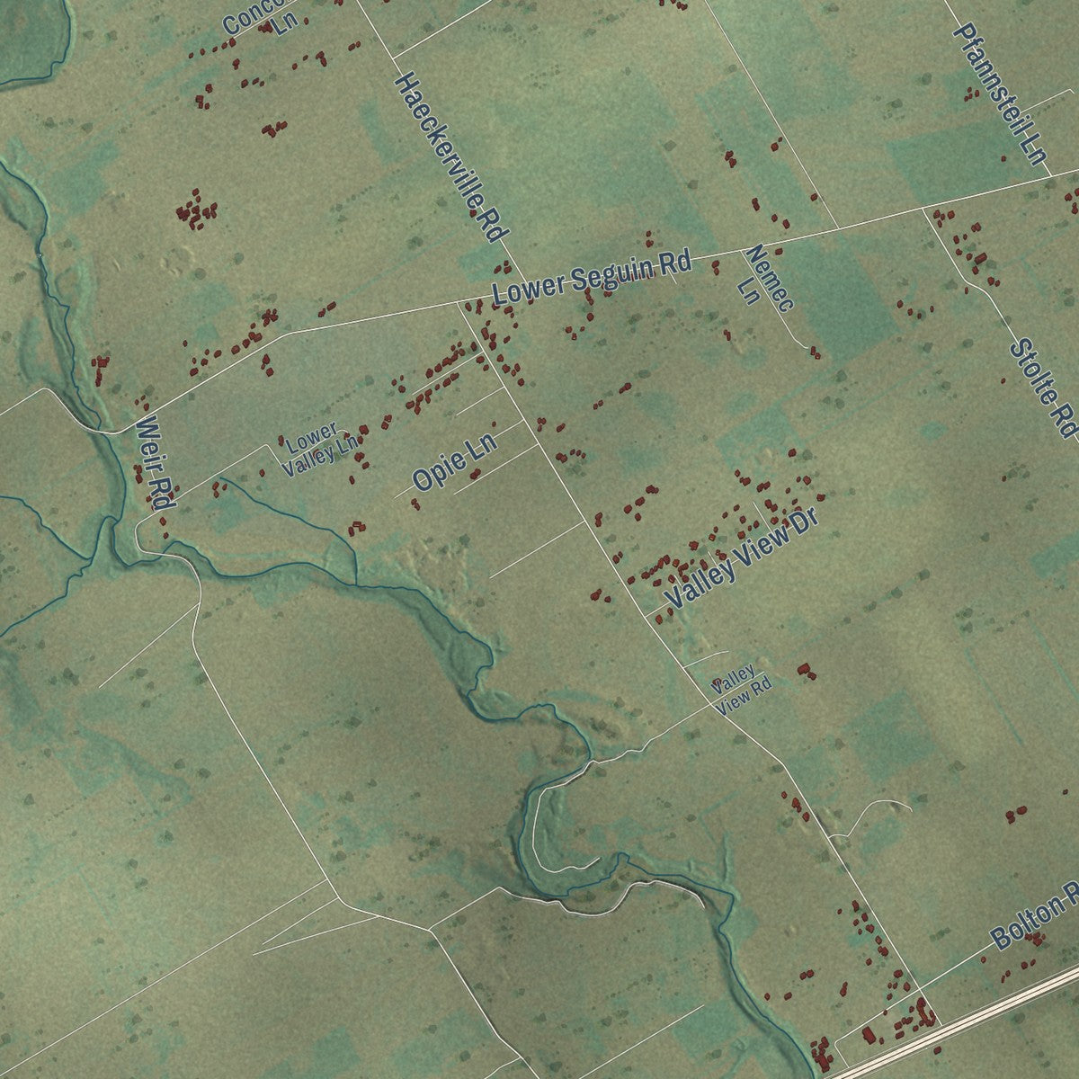 Second close-up of the map of Cibolo, Texas print showing more streets and buildings