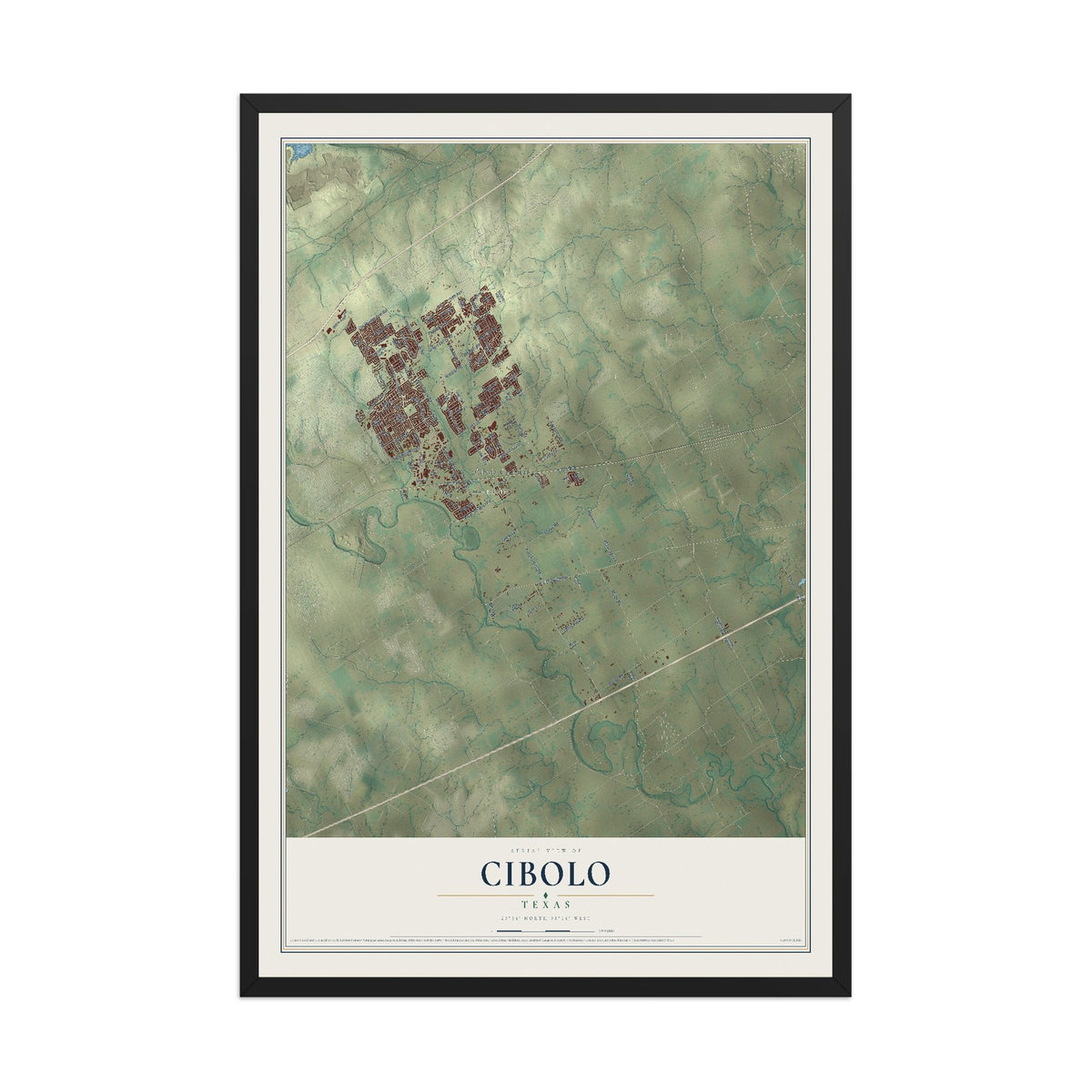 Map of Cibolo, Texas, 12 x 18 inch print in a black wood frame