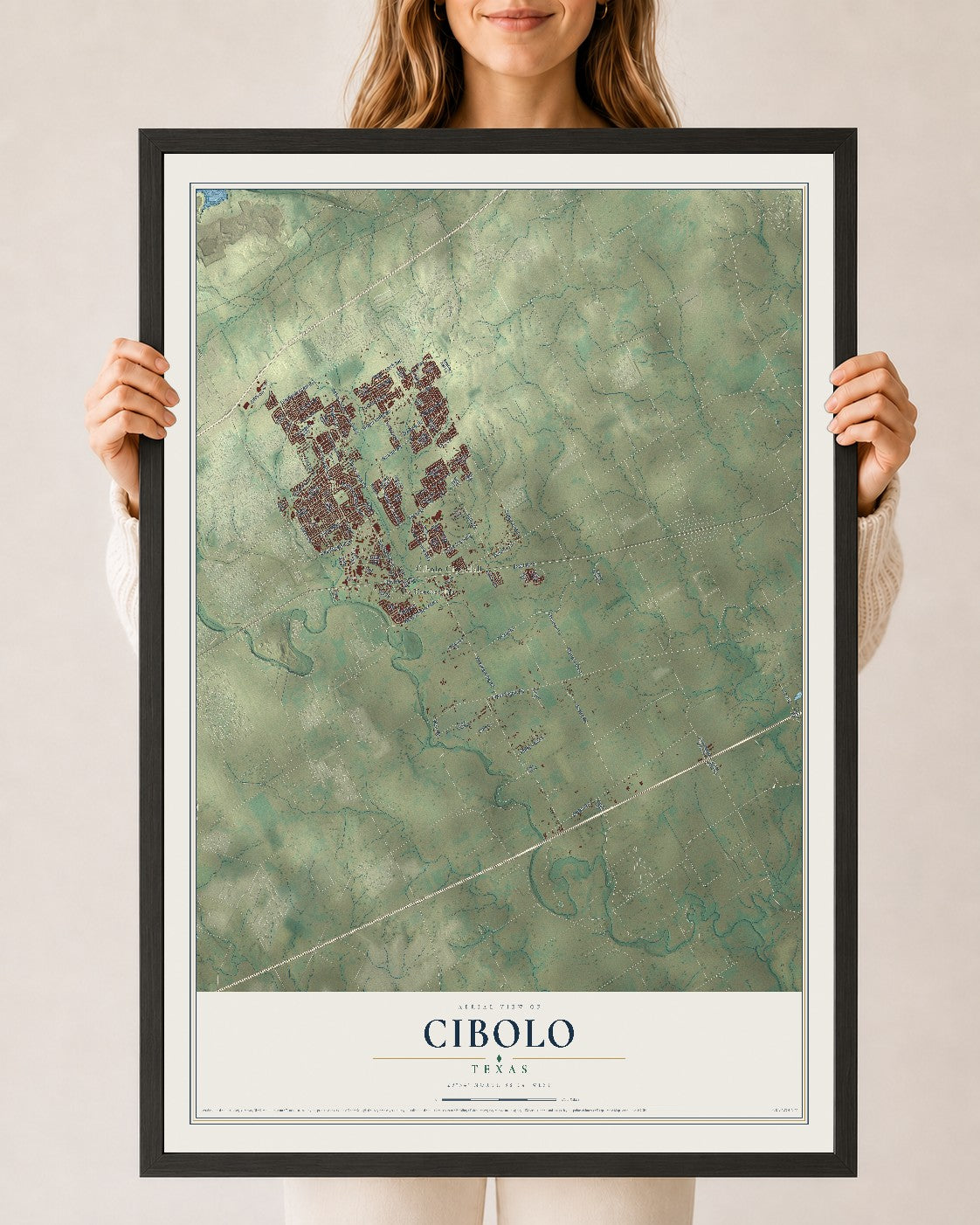 Map of Cibolo, Texas, 24 x 36 inch print in a black wood frame