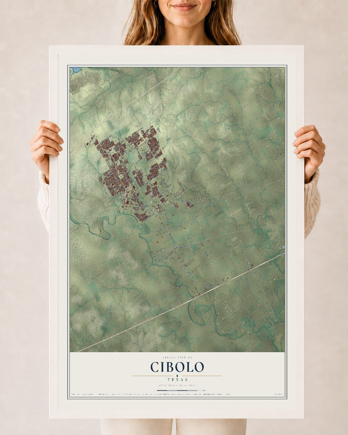 Map of Cibolo, Texas, 24 x 36 inch print in a white wood frame