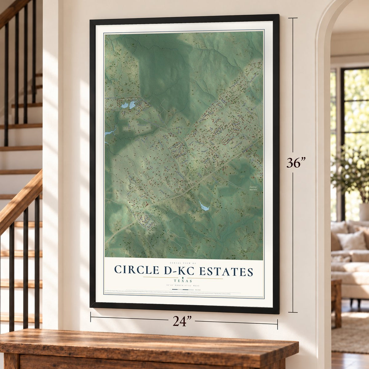 Circle D-KC Estates, Texas map, 24 x 36 inch print in a black frame by a staircase
