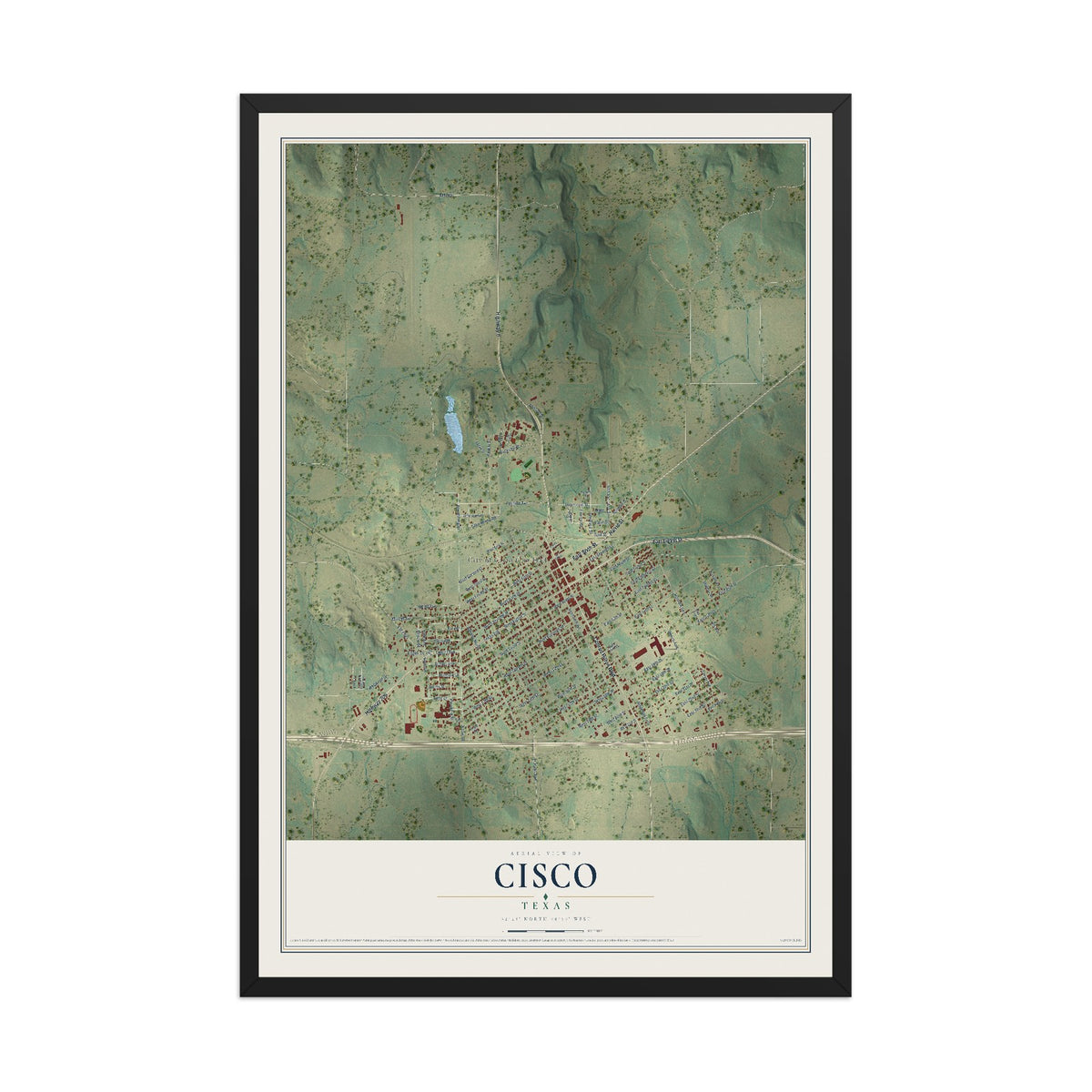 Map of Cisco, Texas, 12 x 18 inch print in a black wood frame